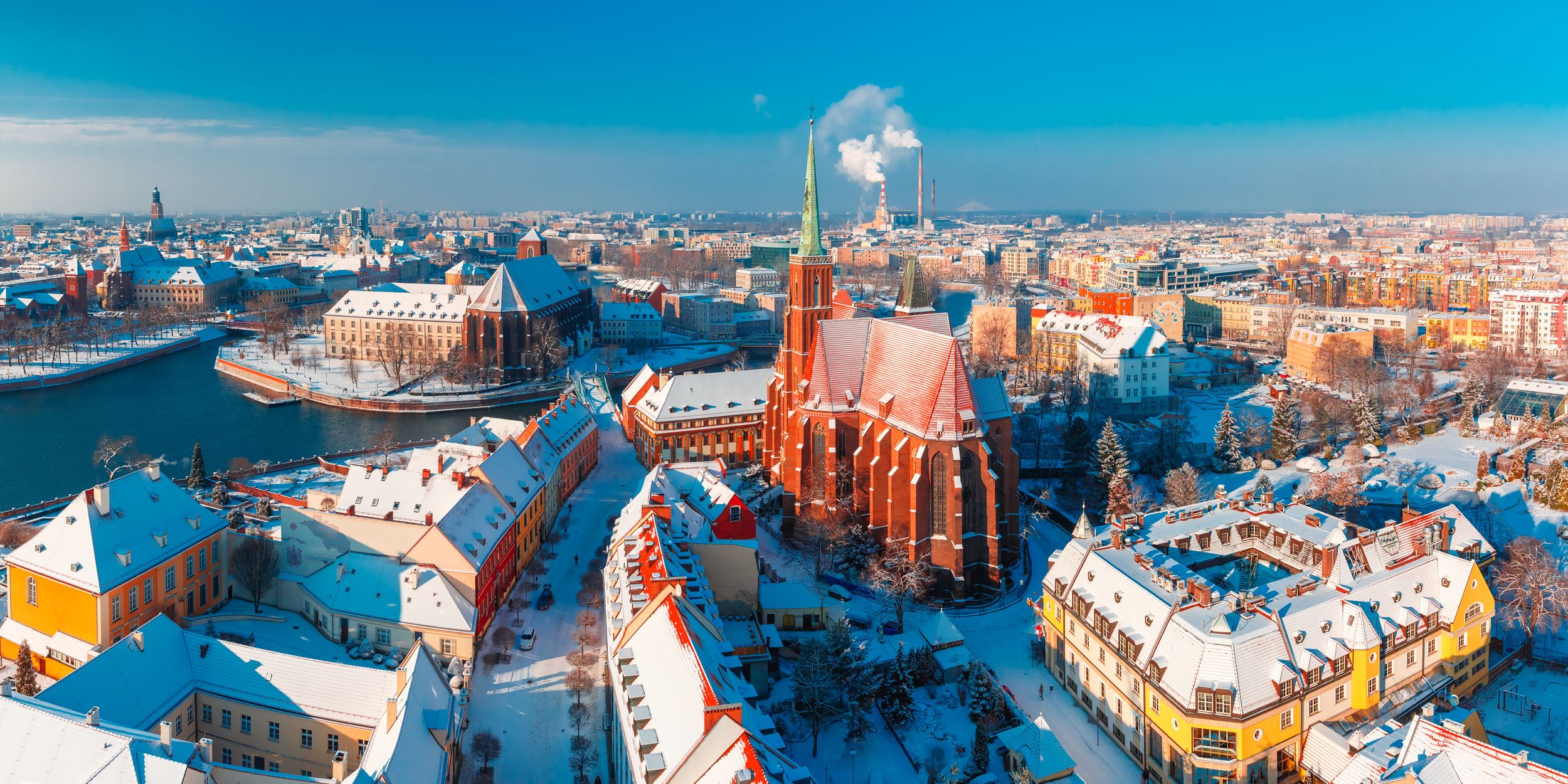 Aerial scenic panorama of Old Town and Ostrow Tumski with church of th