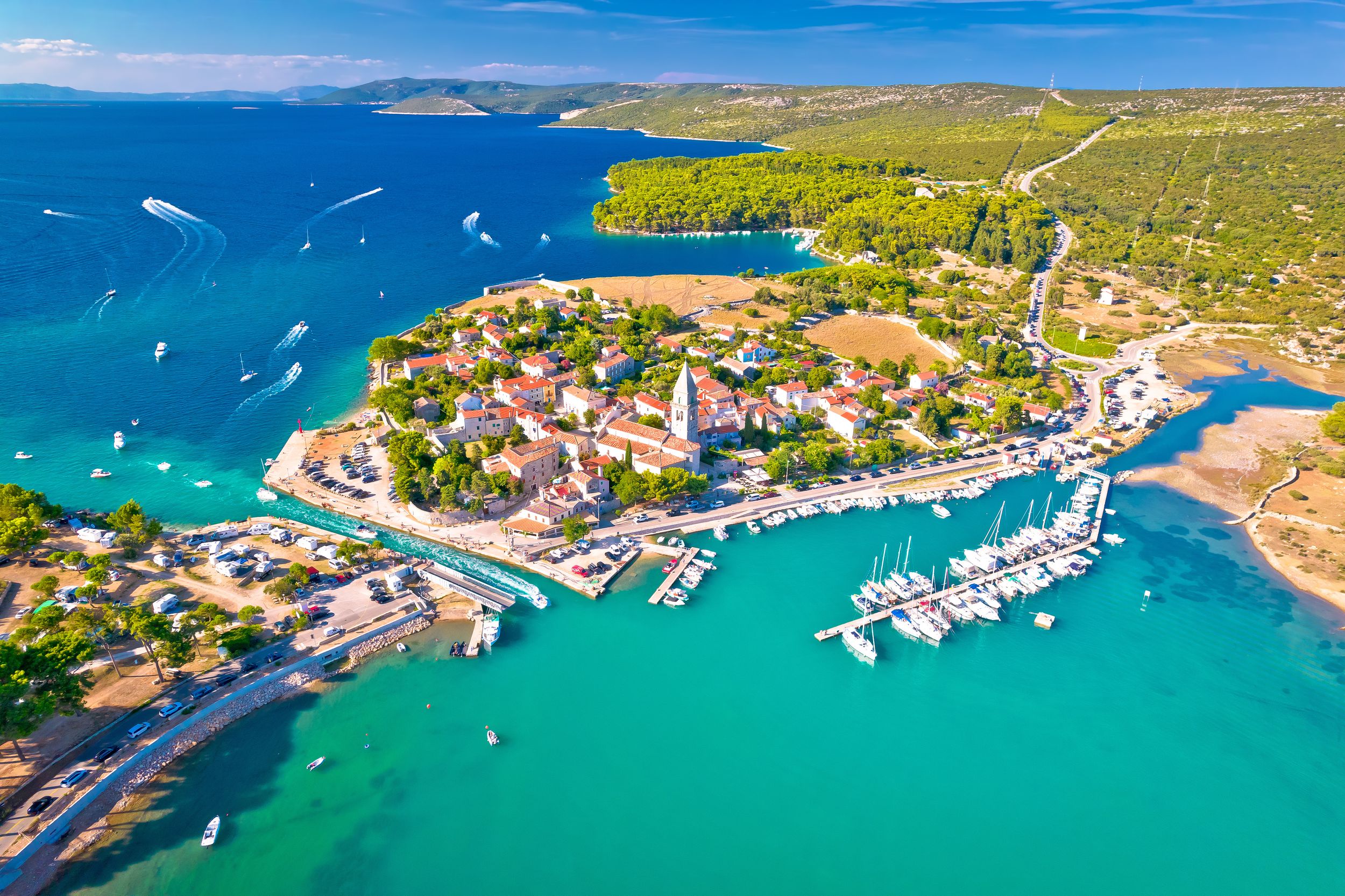Town of Osor aerial view, bridge between Cres and Mali Losinj islands,