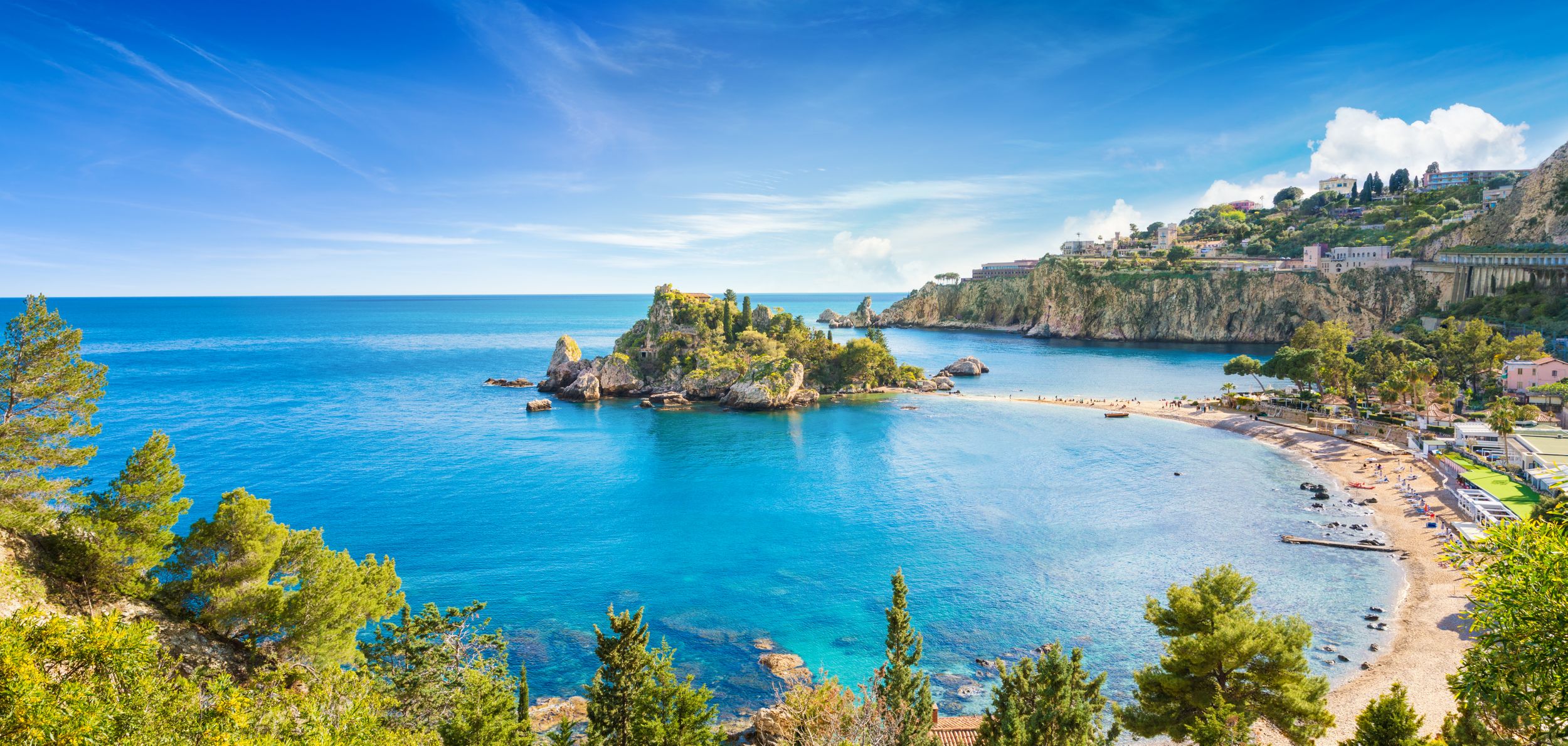 Panoramic view of Isola Bella small island near Taormina, Sicily, Ital