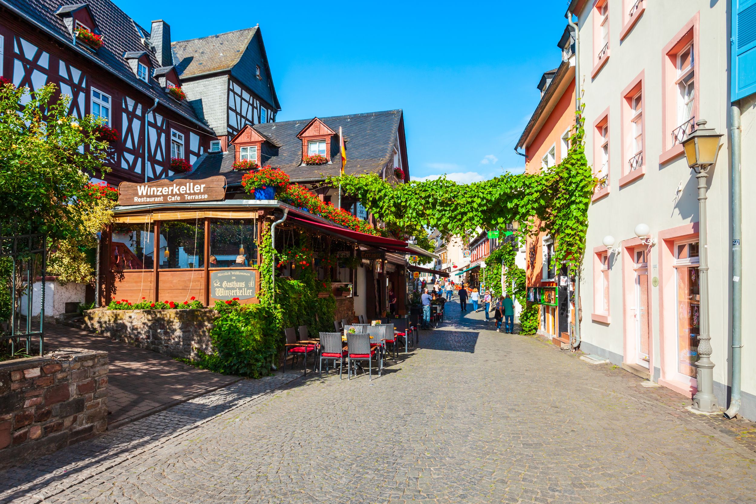RUDESHEIM AM RHEIN, GERMANY - JUNE 25, 2018: Rudesheim city centre, wi