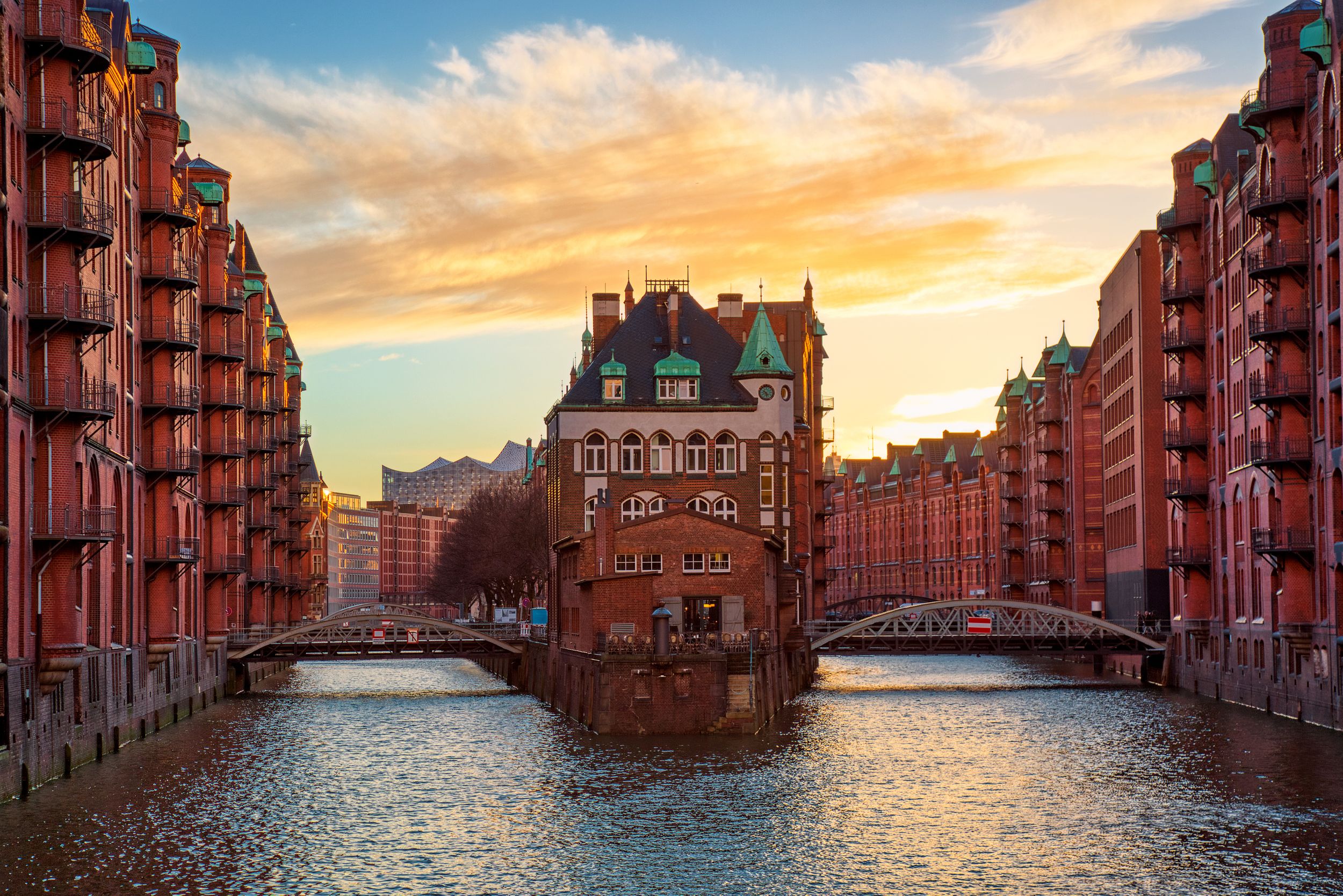 The Warehouse district Speicherstadt during sunset in Hamburg, Germany