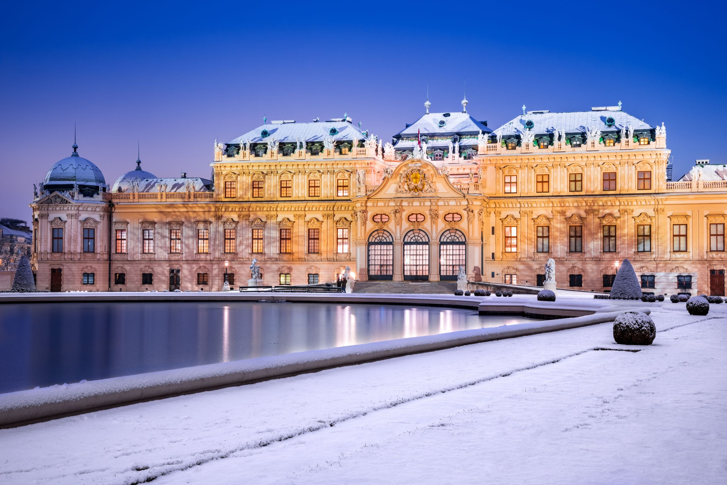 Vienna, Austria. Upper Belvedere snowy winter night reflection, Wien a