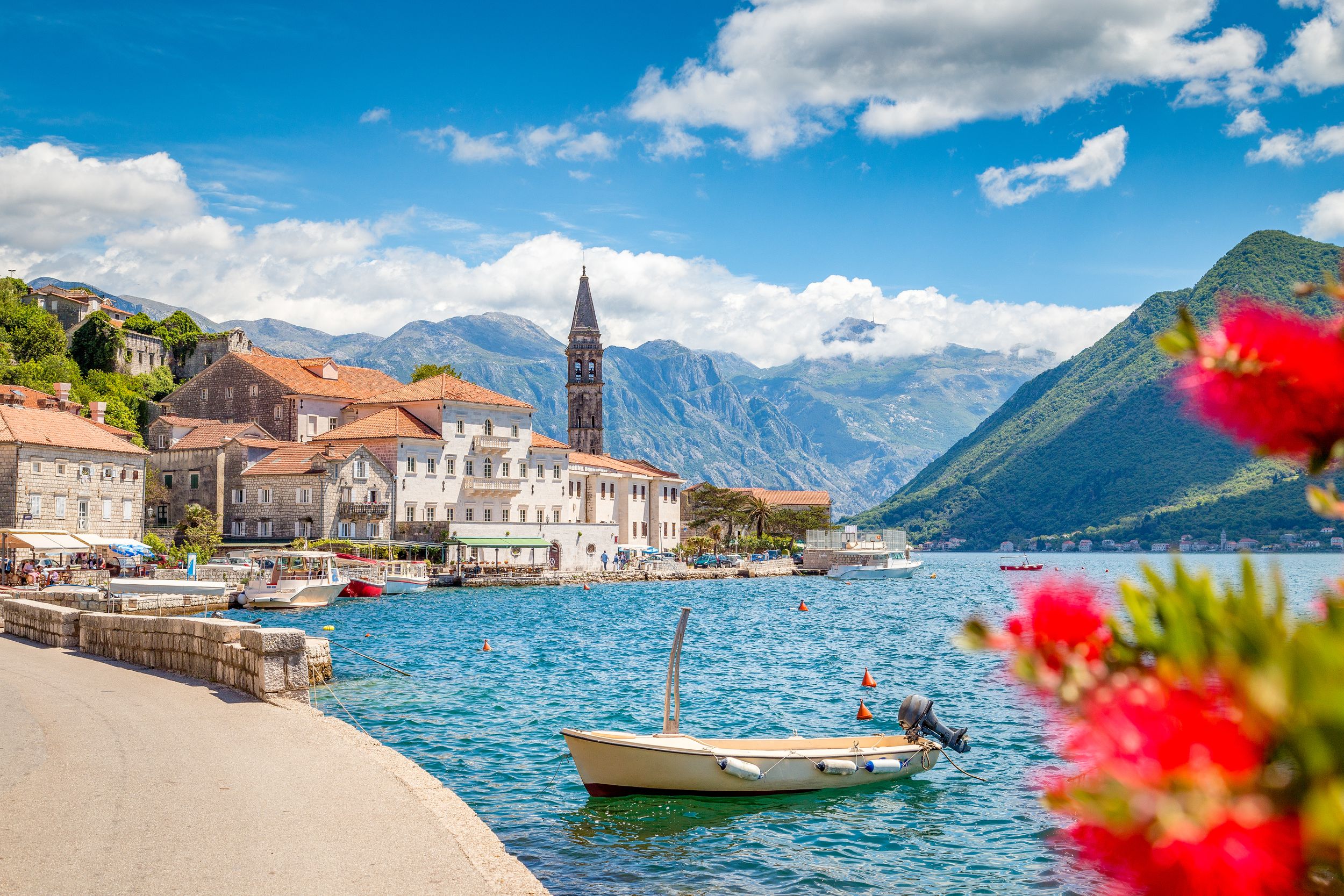 Scenic panorama view of the historic town of Perast at famous Bay of K