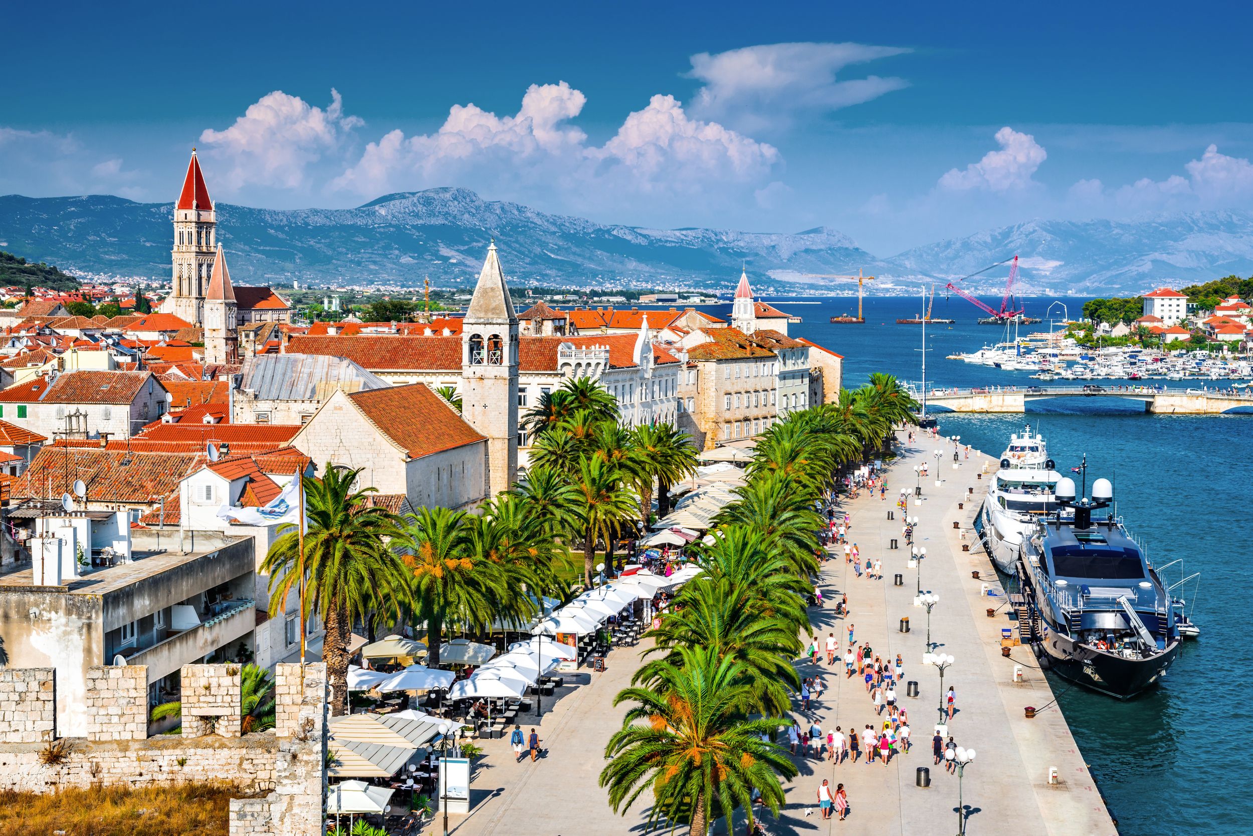 Trogir, Croatia. Sunny promenade along the pier of old Venetian town, 