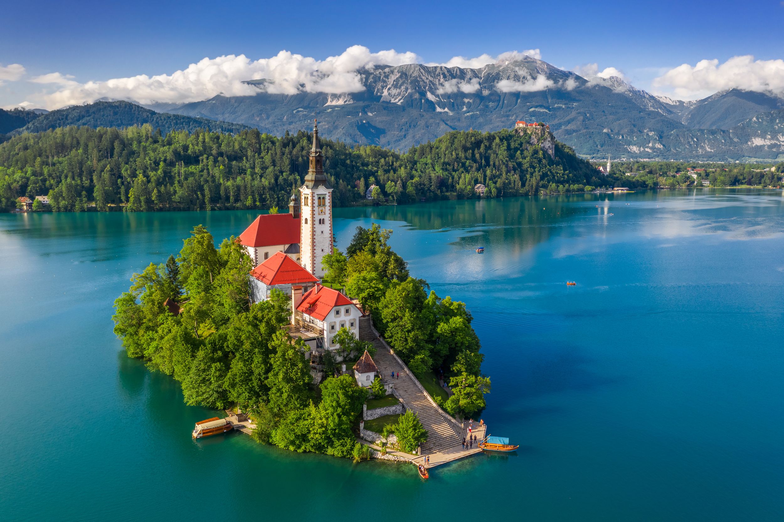 Bled, Slovenia - Aerial view of beautiful Lake Bled (Blejsko Jezero) w
