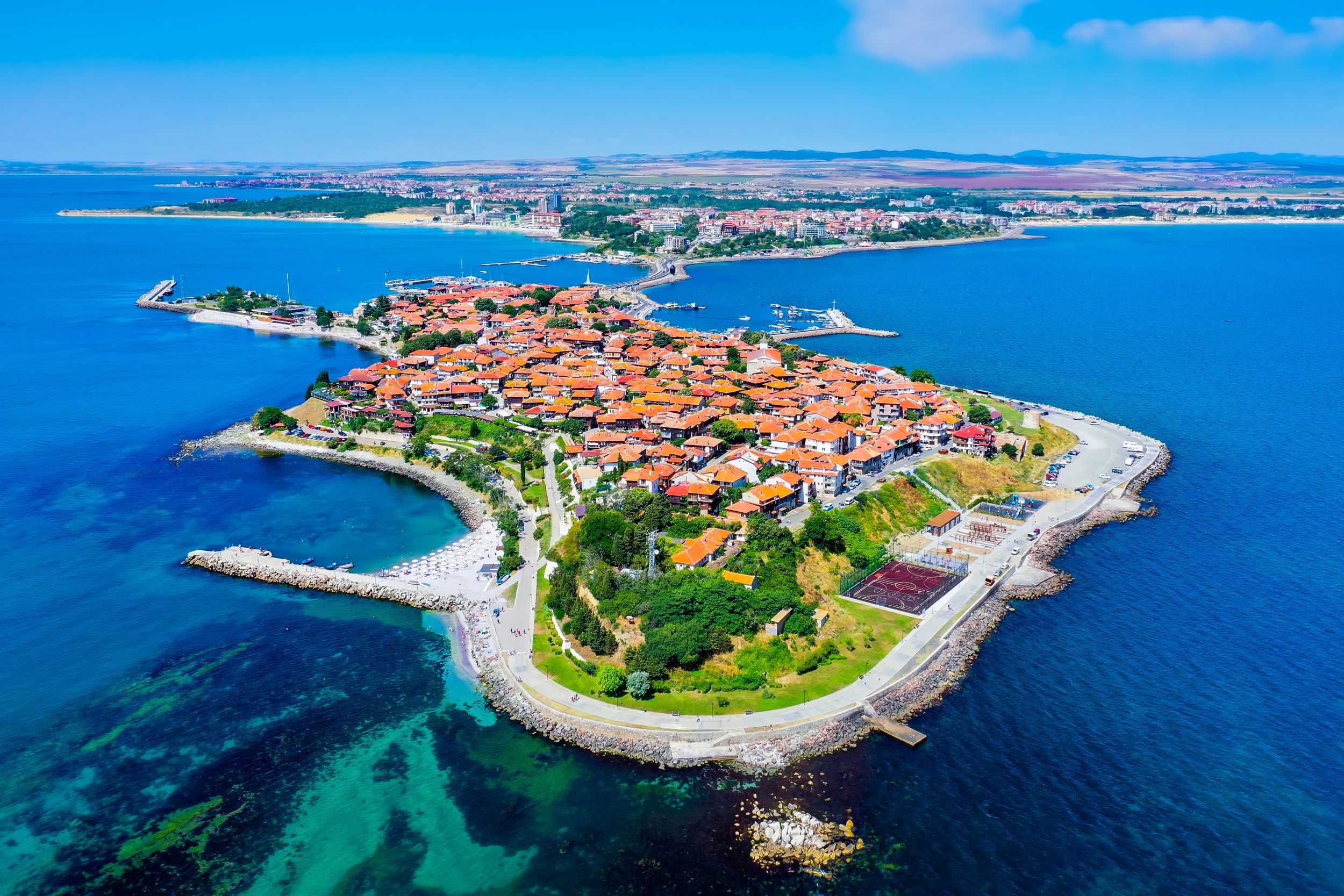 Nesebar (Nessebar), Bulgaria. Aerial view of the ancient seaside town.
