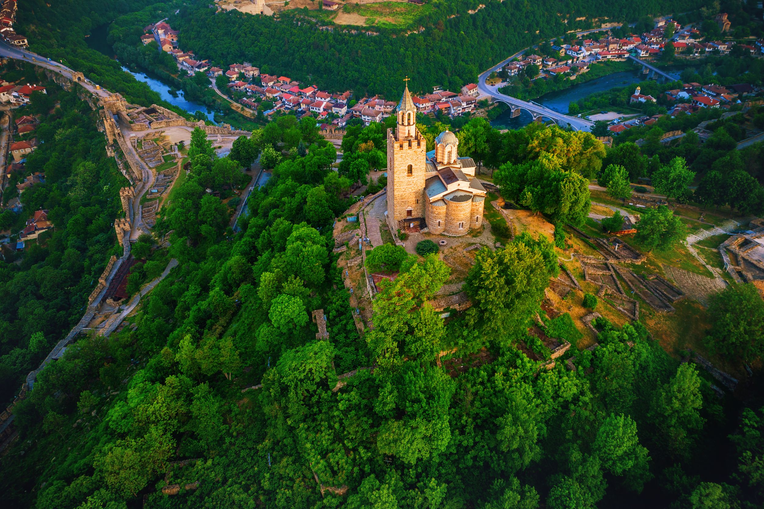 Aerial sunrise view of Tsarevets Fortress in Veliko Tarnovo in a beaut