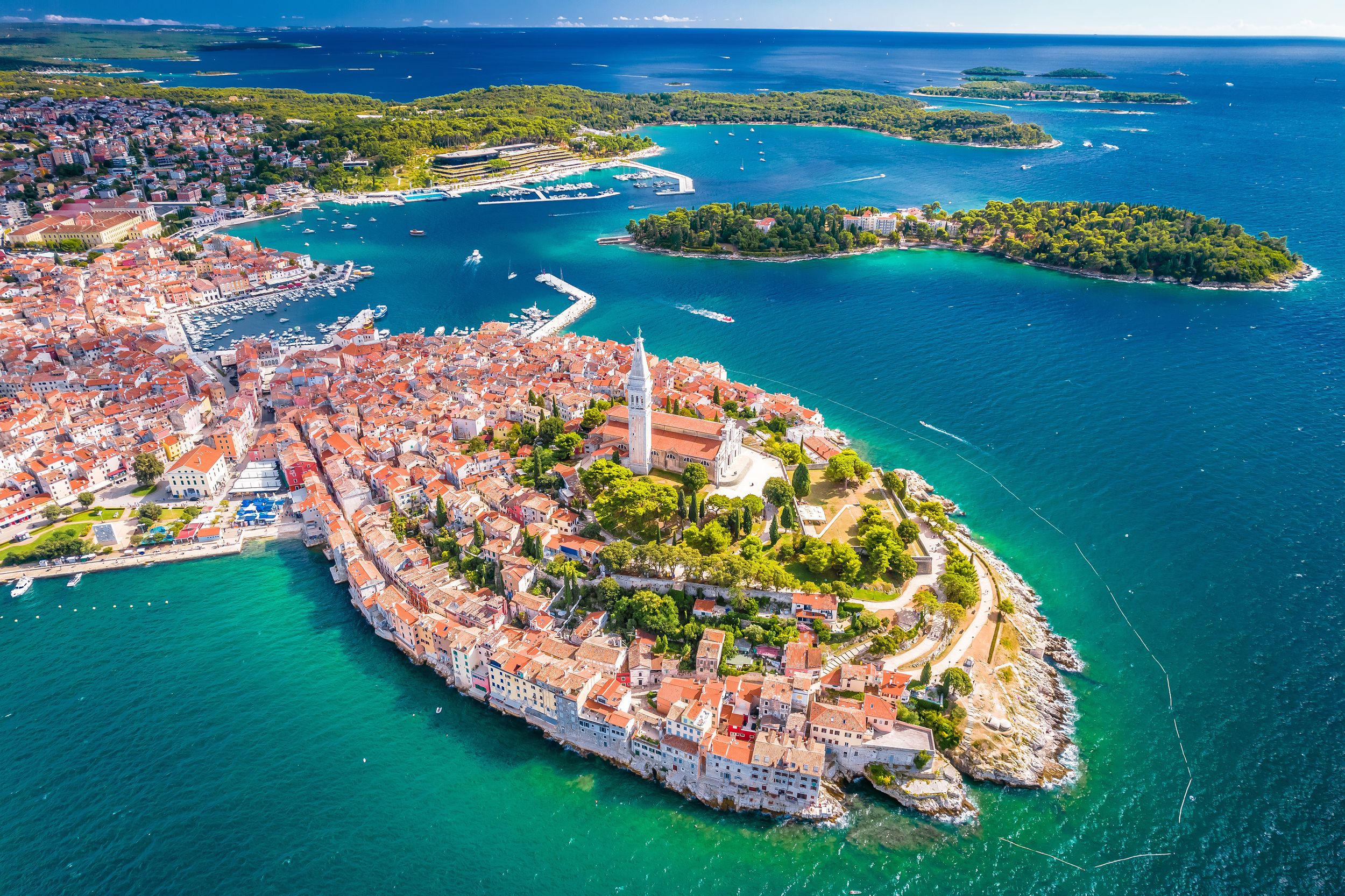Rovinj old town aerial panoramic view