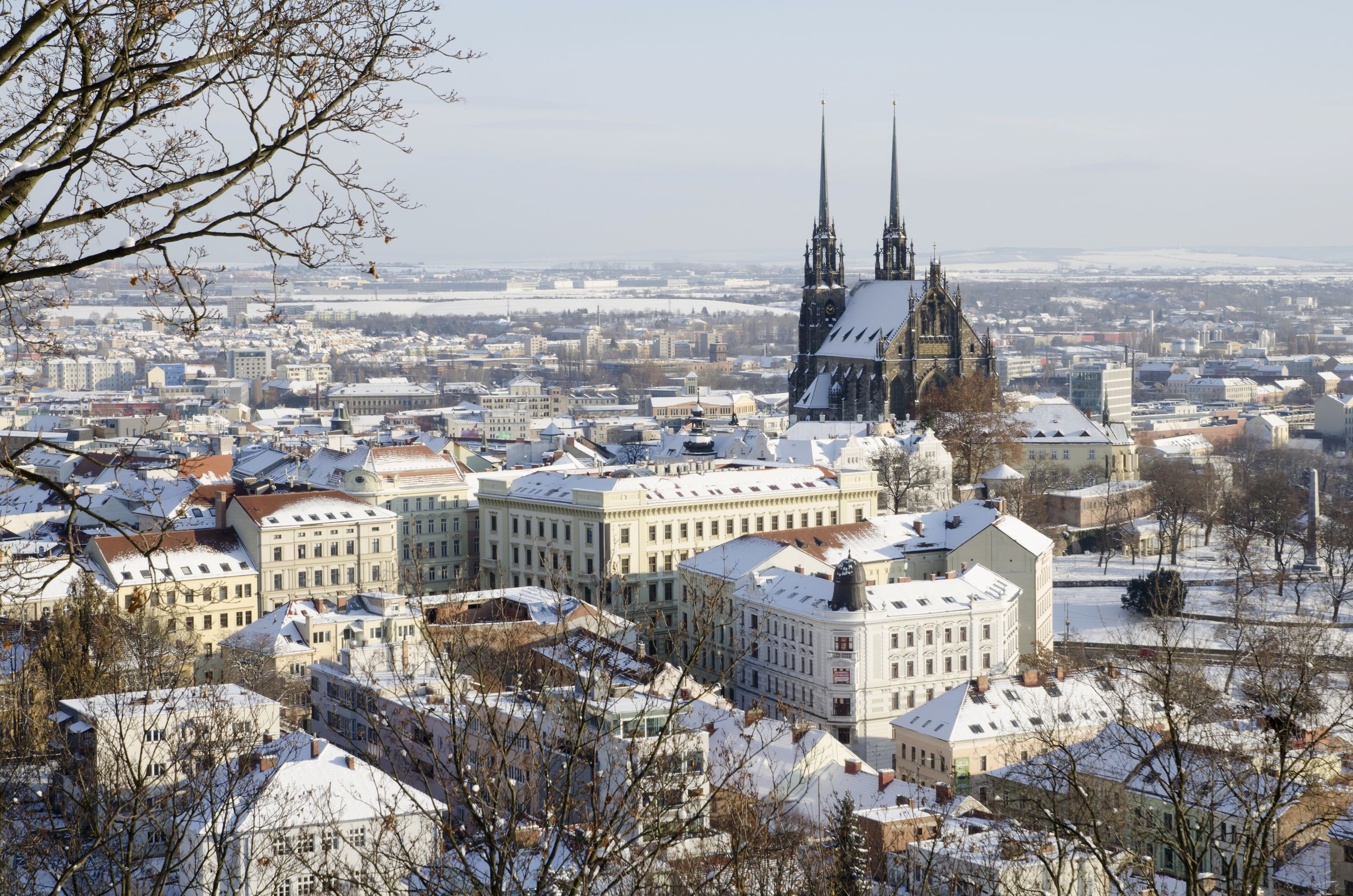 Wintryr historic center of Brno city with Petrov cathedral, Czech repu