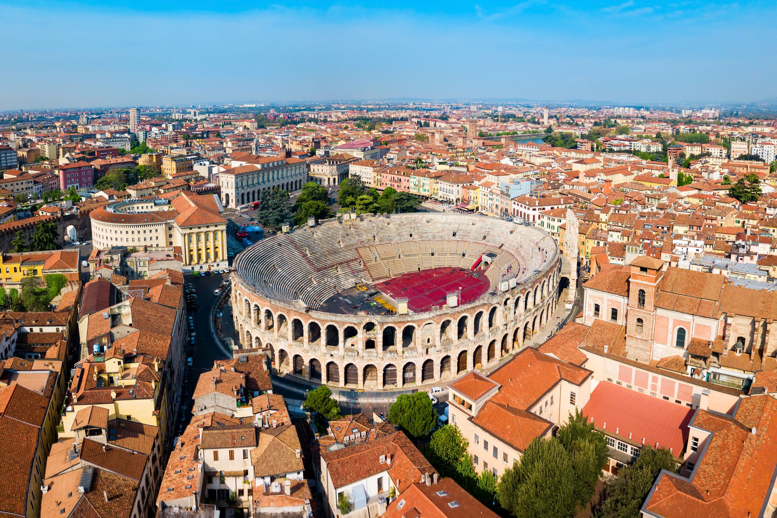 Verona Arena aerial panoramic view. Arena is a Roman amphitheatre in P