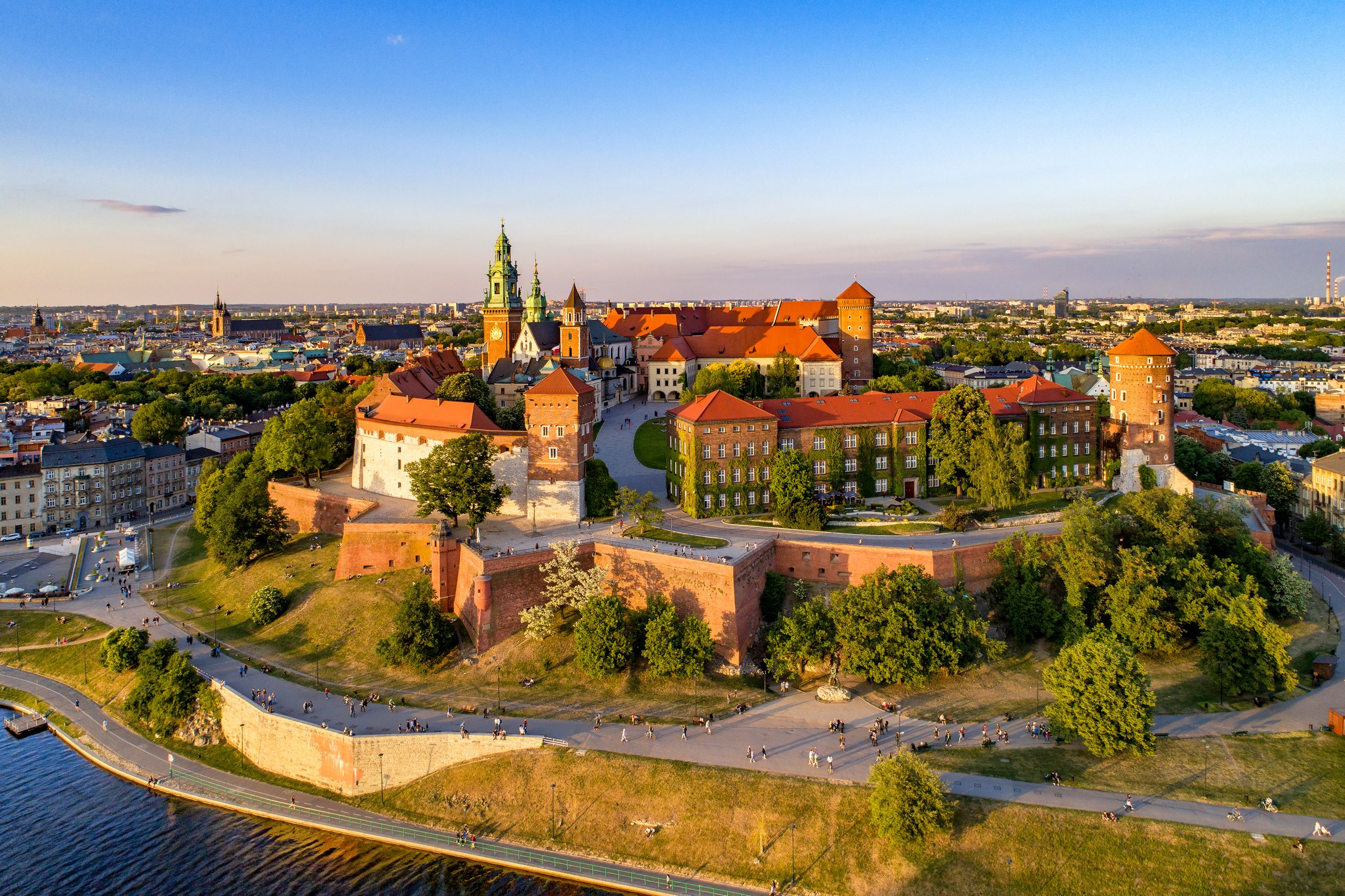 Poland. Krakow skyline with Wawel Hill, Cathedral, Royal Wawel Castle,
