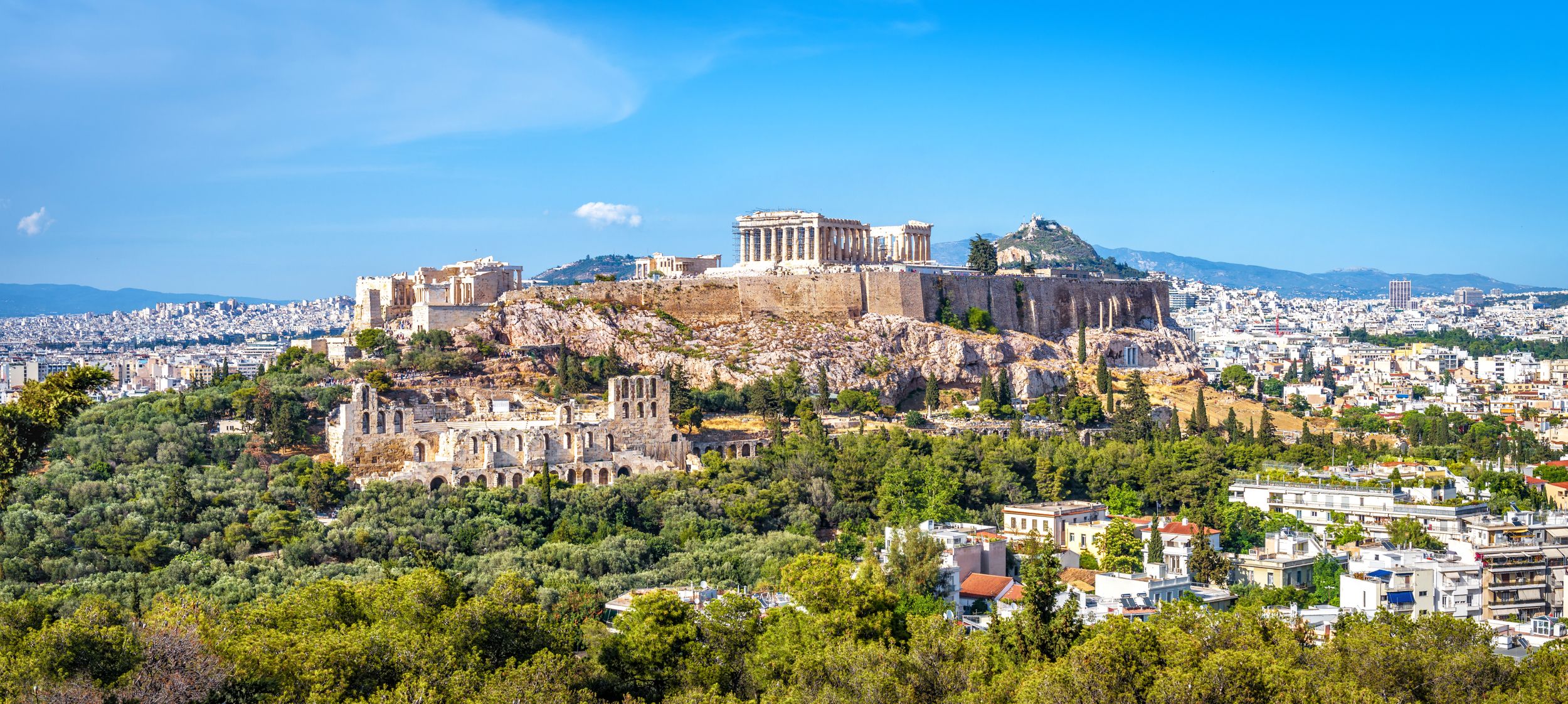 Panorama of Athens with Acropolis hill, Greece. Famous old Acropolis i