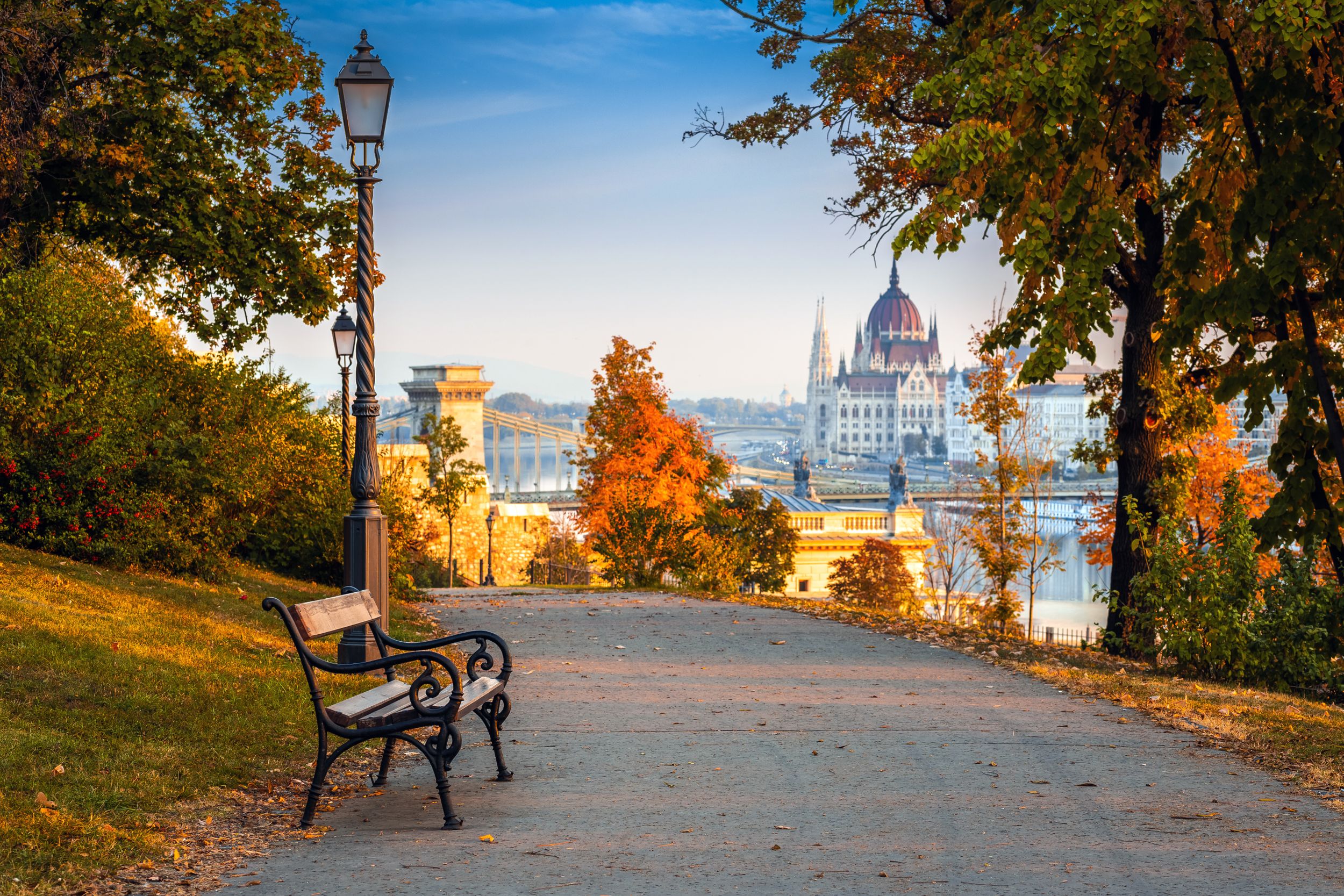 Budapest, Hungary - Romantic sunrise scene at Buda district with bench