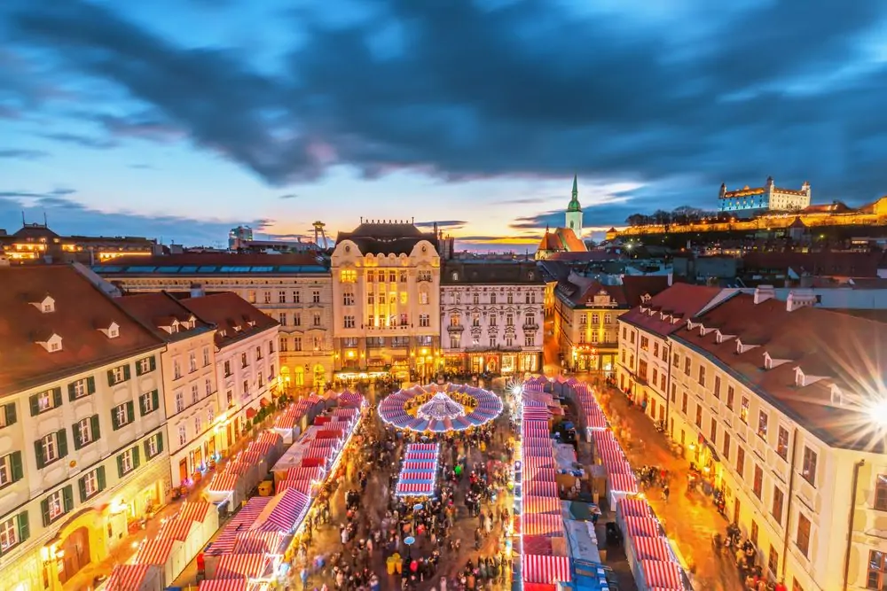 Main square and Christmas market in historical center of Bratislava ci
