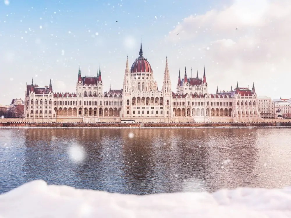 Hungarian parliament building at winter with snow. Snow lies on the ri