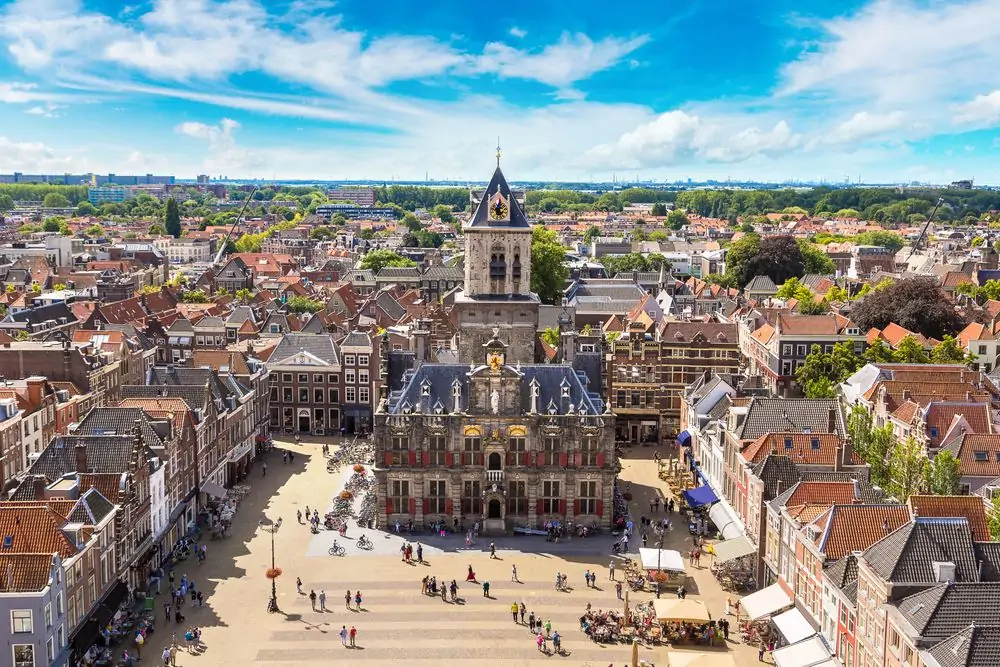 Panoramic aerial view of Delft in a beautiful summer day, The Netherla