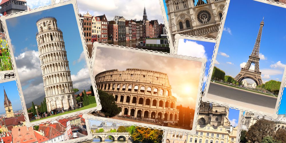 Collage von berühmten Sehenswürdigkeiten in Europa