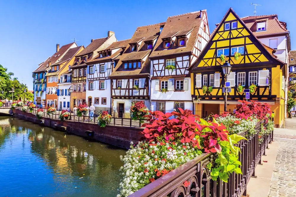Colmar, Alsace, France. Petit Venice, water canal and traditional half