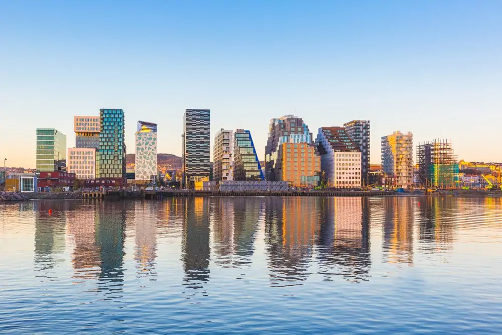 Modern buildings in Oslo, Norway, with their reflection into the water