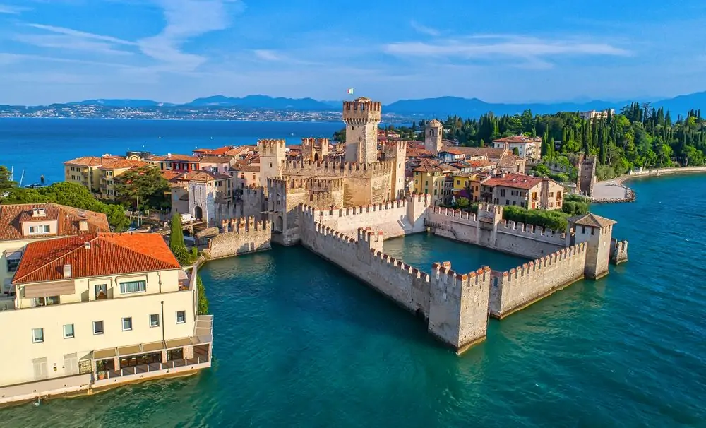 Aerial view to the town of Sirmione, popular travel destination on Lak