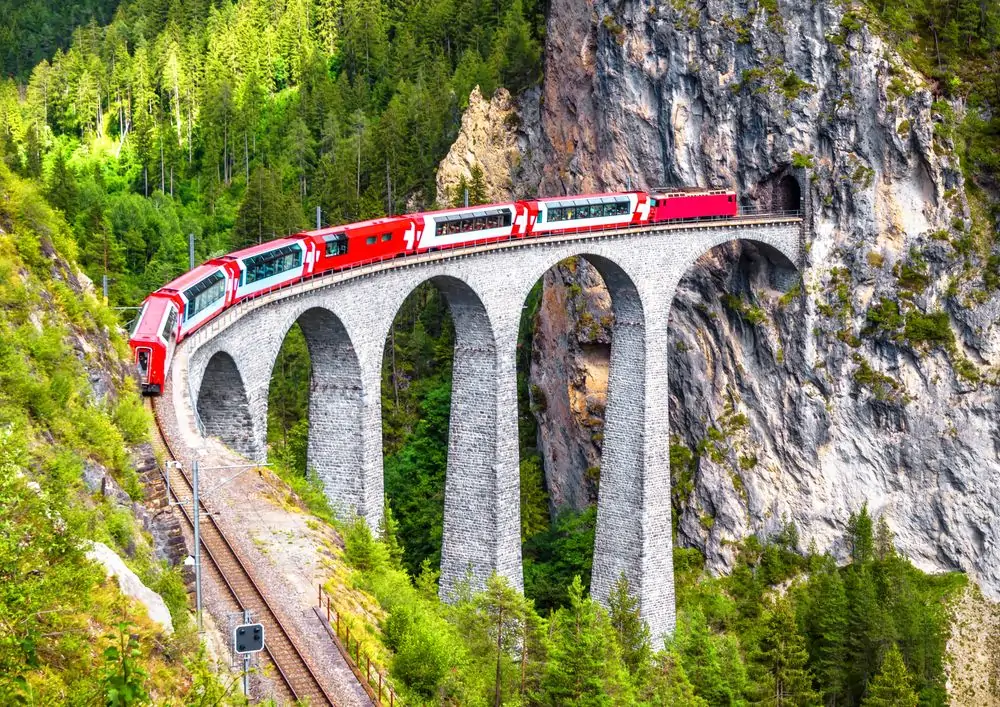 Landwasser Viaduct in Filisur, Switzerland. It is landmark of Swiss Al