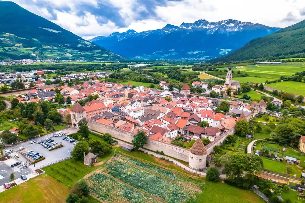 Fortified village of Glorenza or Glurns in Val Venosta aerial view. Tr