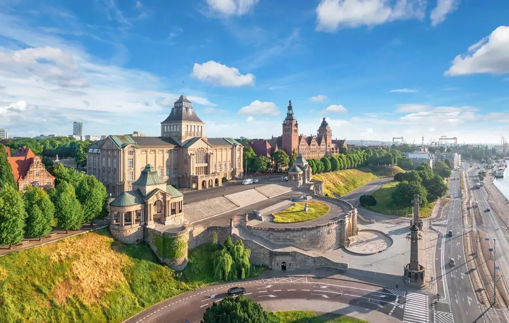 Aerial view of historic buildings on the left bank of West Oder river 