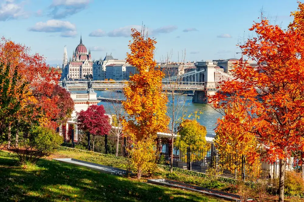Budapest autumn cityscape with Hungarian parliament building and Chain